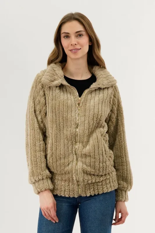 Fahrenheit Plush Zip Up Teddy Lightweight Jacket - Beige sold by Fairweather