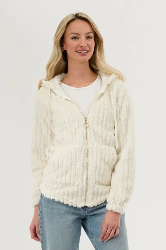 Fahrenheit Plush Hooded Zip Up Lightweight Jacket - White sold by Fairweather