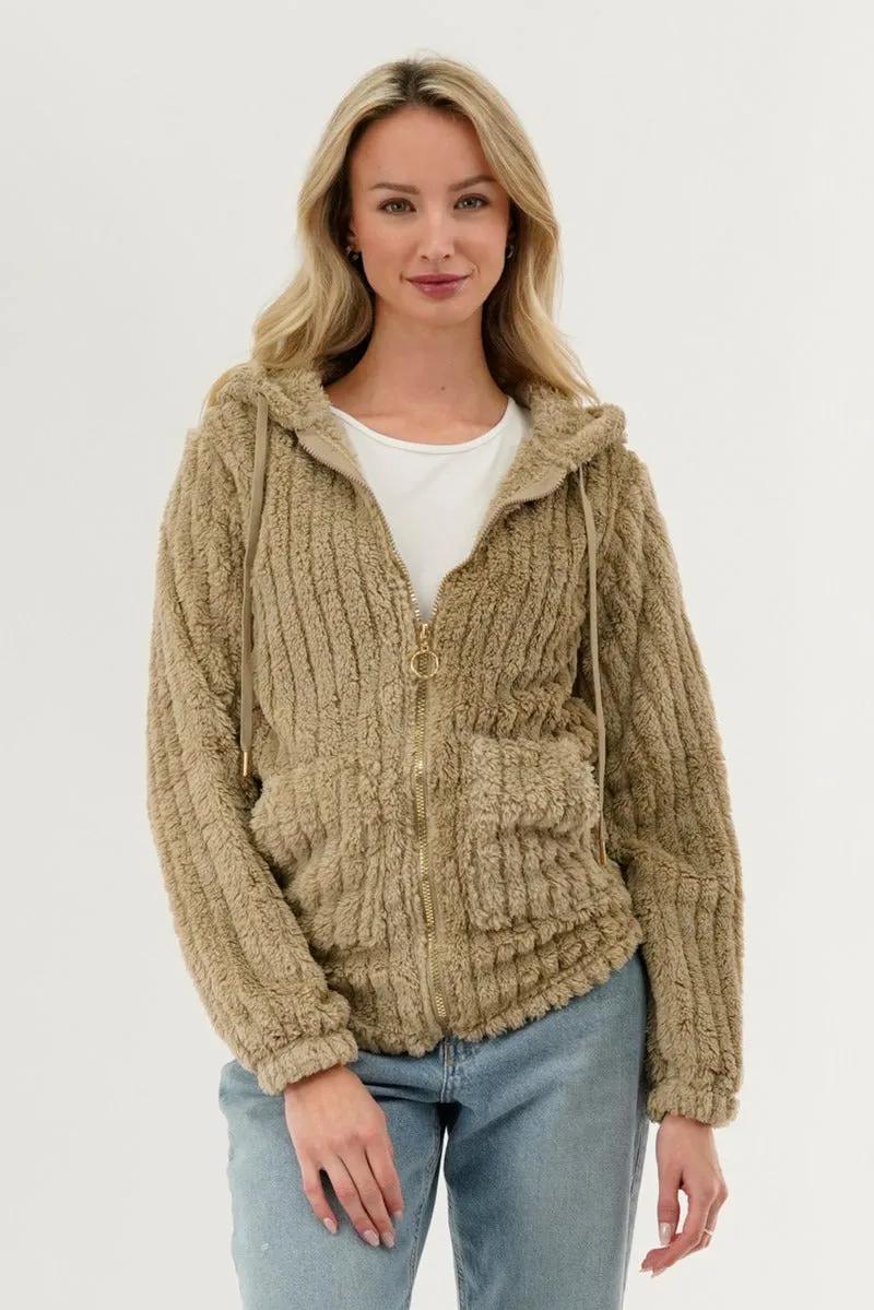 Fahrenheit Plush Hooded Zip Up Lightweight Jacket - Beige sold by Fairweather