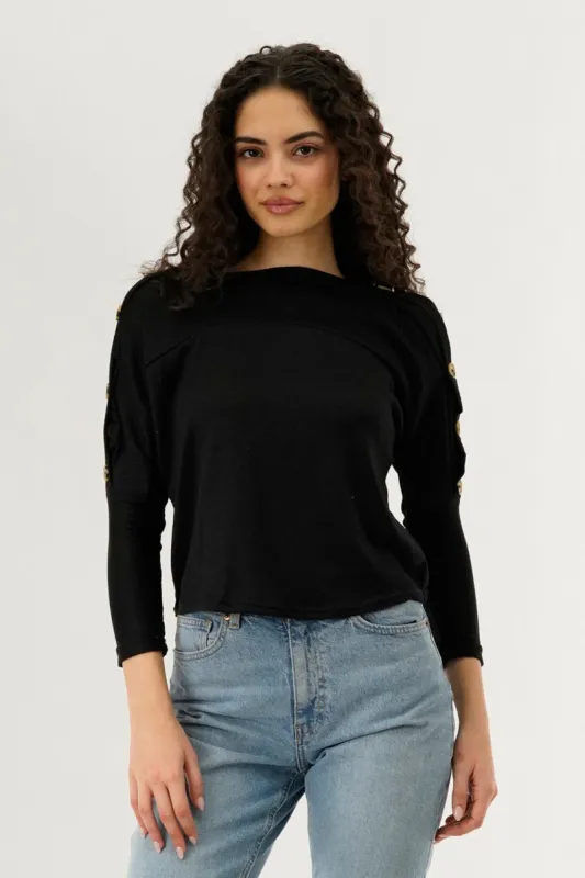 International INC Company Boat Neck Shoulder Button Pullover Sweater - Black sold by Fairweather