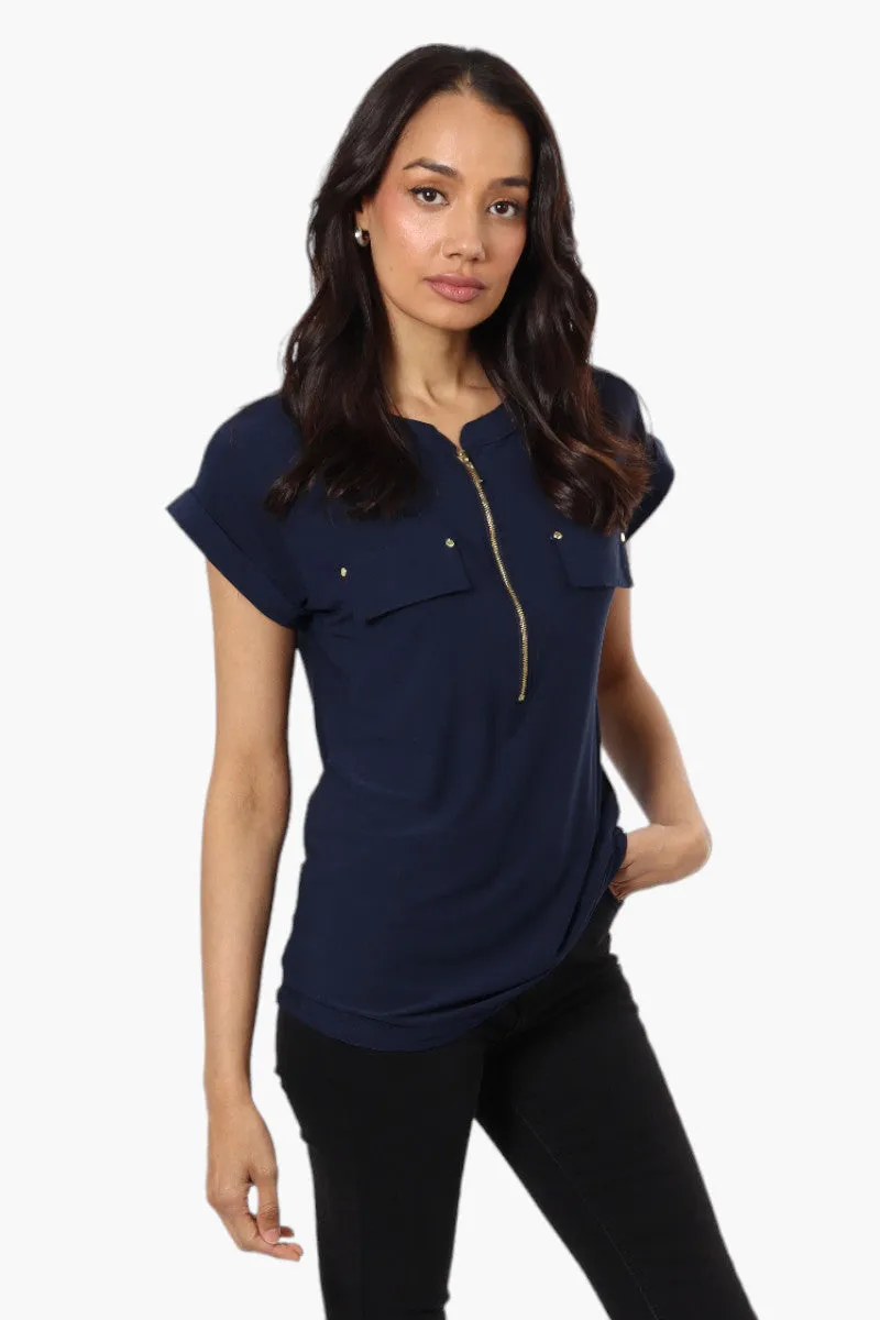 International INC Company Front Zip Cap Sleeve Blouse - Navy sold by Fairweather