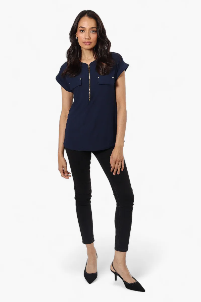 International INC Company Front Zip Cap Sleeve Blouse - Navy sold by Fairweather product image thumbnail 2
