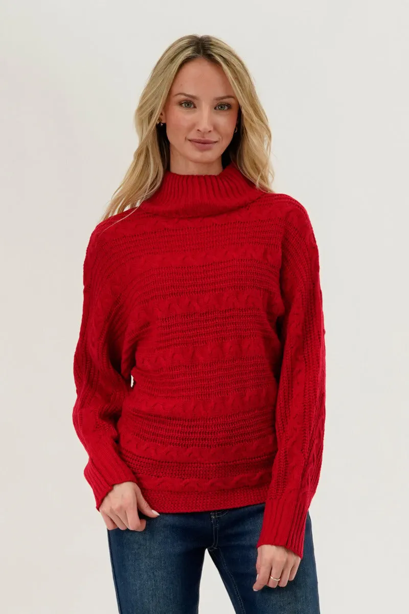 Beechers Brook Cable Knit Mock Neck Pullover Sweater - Red sold by Fairweather