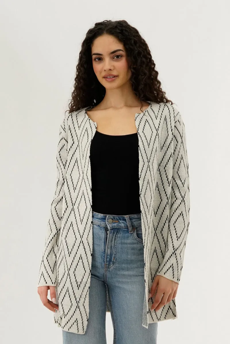 Long Printed Open Cardigan - Cream sold by Fairweather
