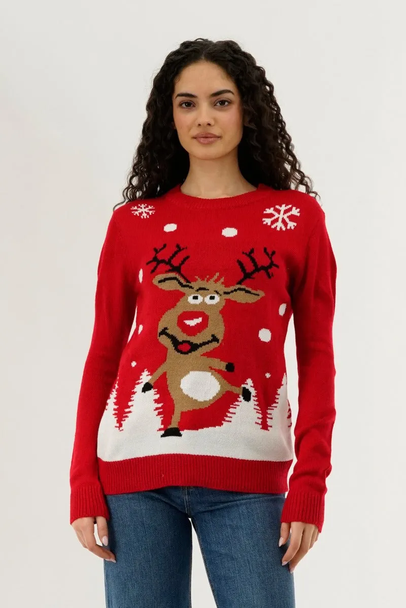 Festive Dancing Reindeer Christmas Sweater - Red sold by Fairweather