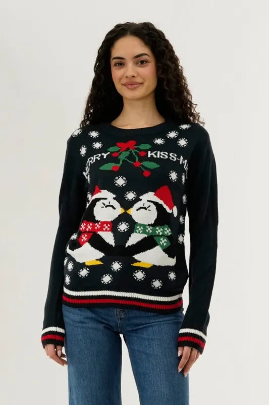 Festive Merry Kiss Mas Christmas Sweater - Black sold by Fairweather