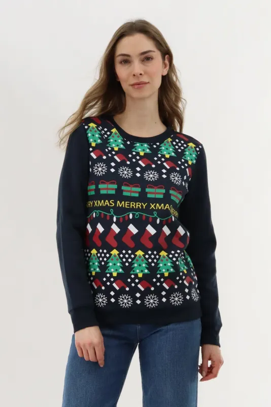 Festive Stockings Christmas Sweater - Navy sold by Fairweather
