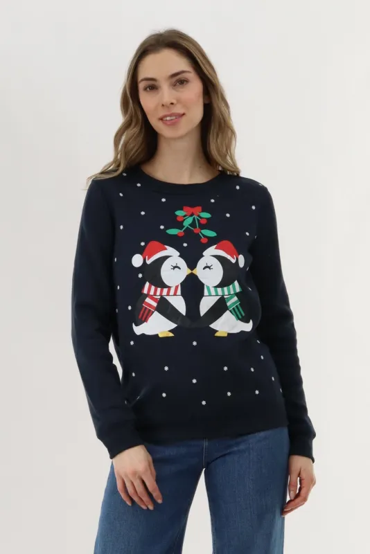 Festive Penguins Christmas Sweater - Navy sold by Fairweather