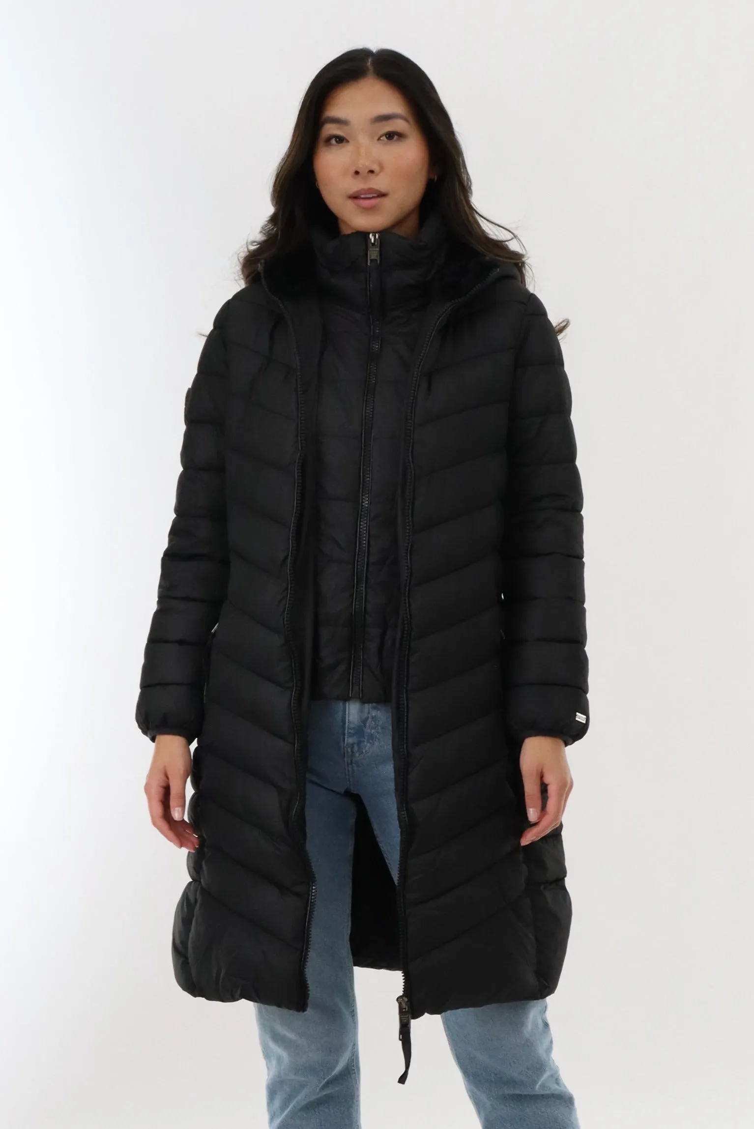 Canada Weather Gear Long Double Zip Chevron Quilted Parka Jacket - Black sold by Fairweather
