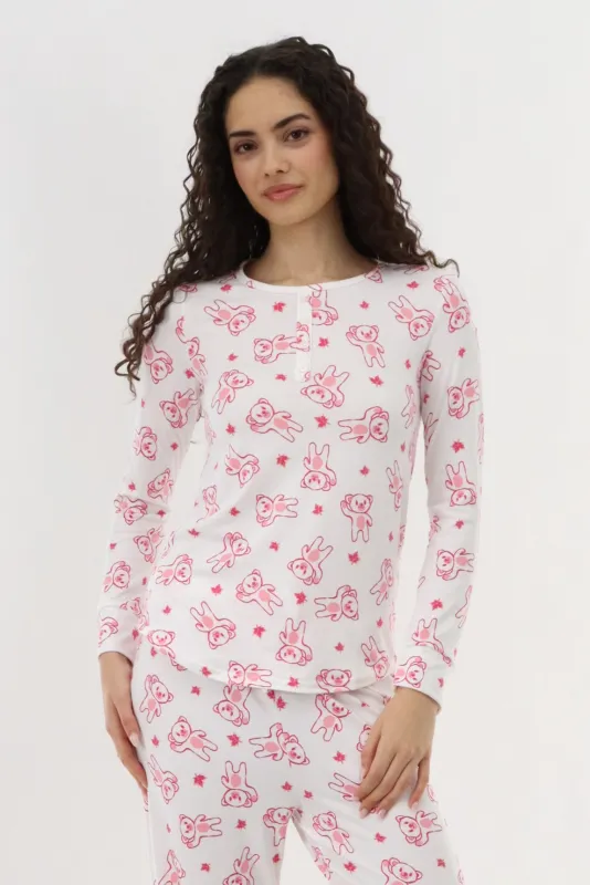 Teddy Bear Printed Pajama Top - White made by Fairweather