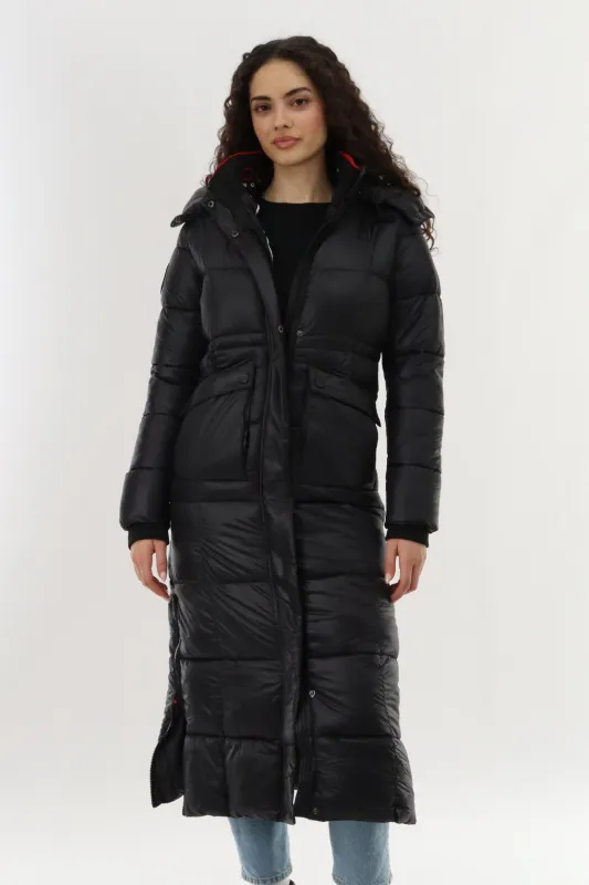 Canada Weather Gear Long Shiny Quilted Parka Jacket - Black sold by Fairweather