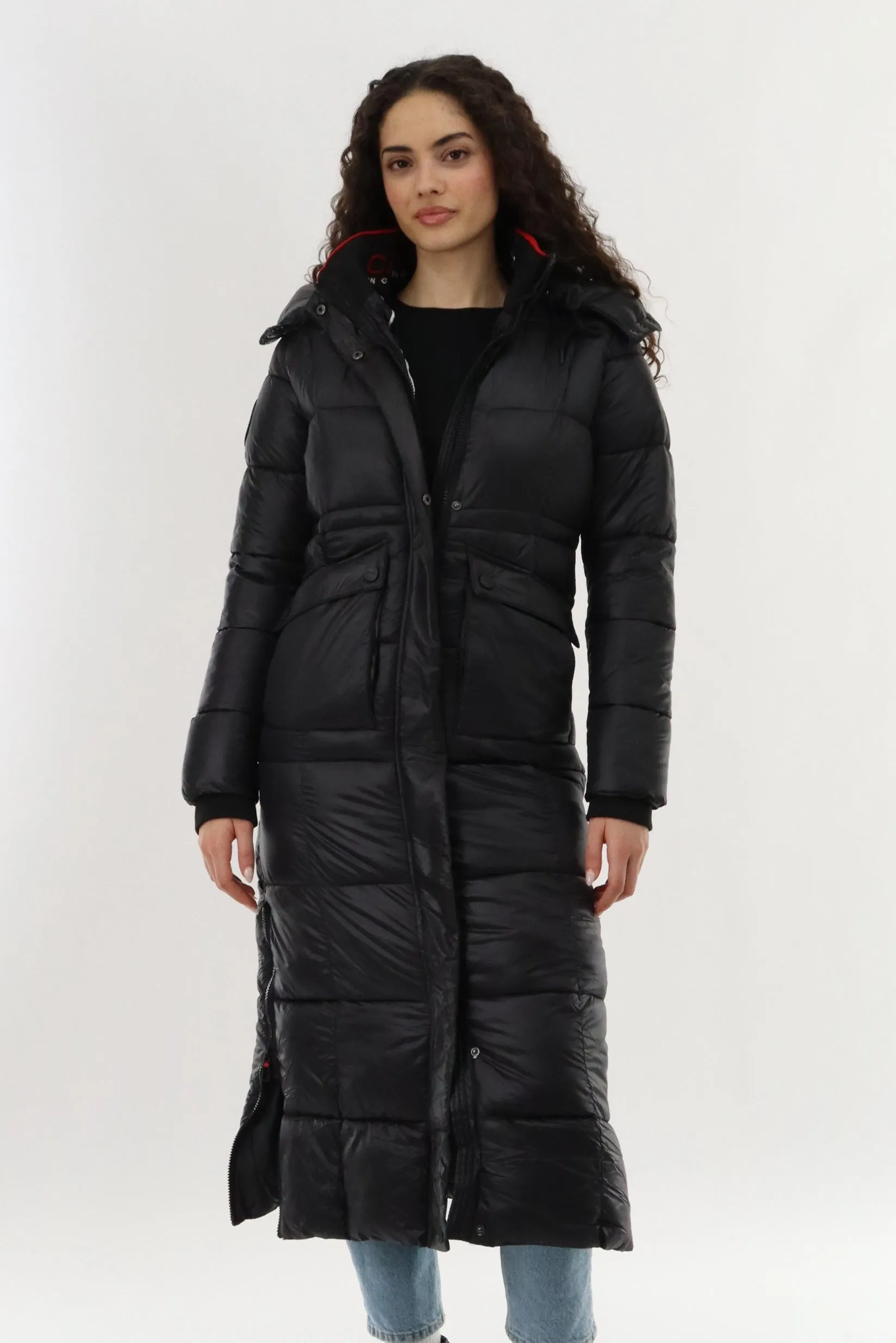 Long Shiny Quilted Parka Jacket - Black sold by Fairweather
