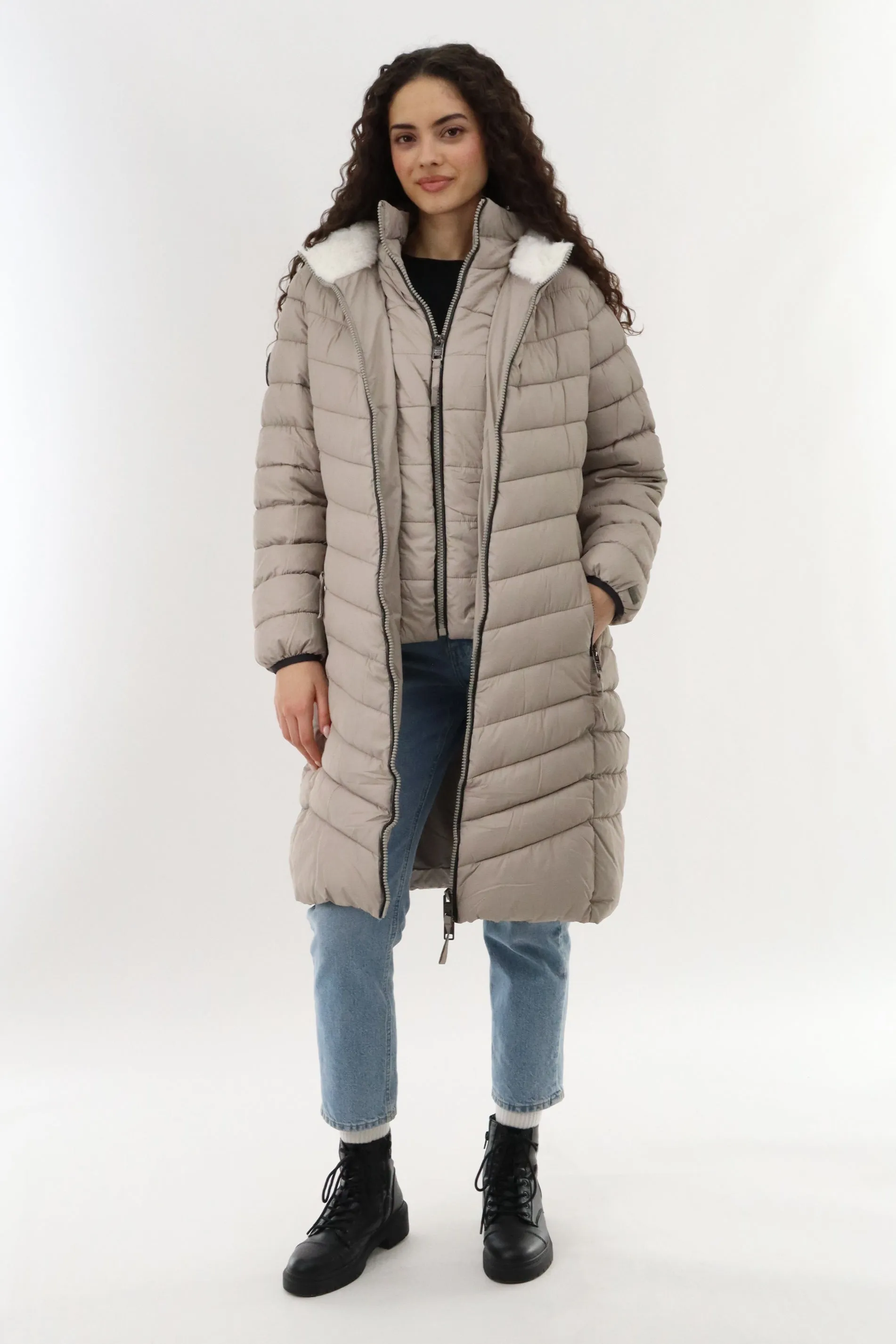 Canada Weather Gear Long Double Zip Chevron Quilted Parka Jacket - Beige sold by Fairweather product image thumbnail 5