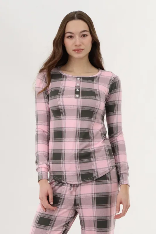 Canada Weather Gear Long Sleeve Plaid Pajama Top - Pink sold by Fairweather