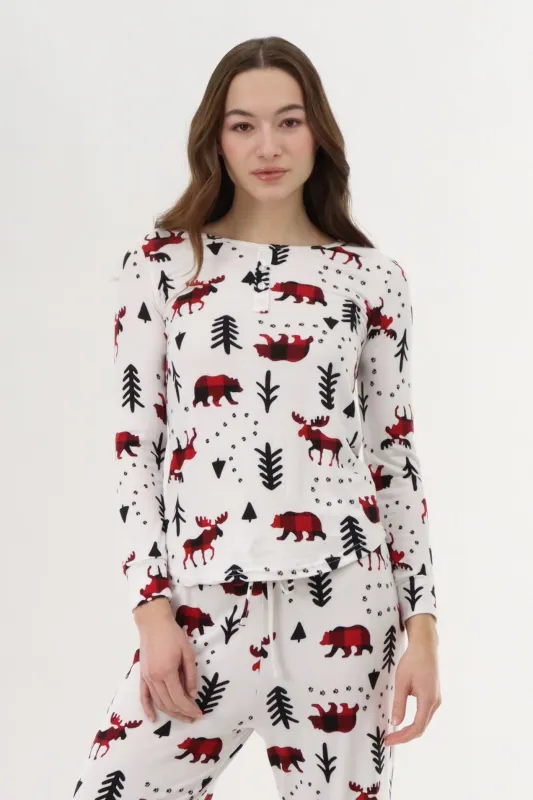 Canada Weather Gear Long Sleeve Festive Pajama Top - White sold by Fairweather