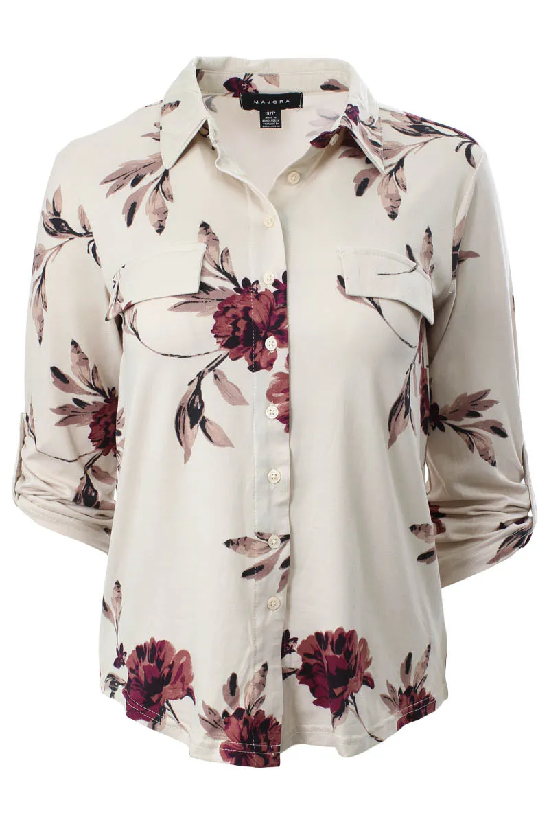 Majora Floral Roll Up Sleeve Shirt - Beige sold by Fairweather
