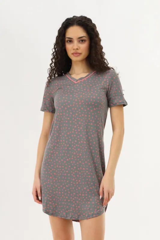 Heart Print Tunic Pajama Top - Grey made by Fairweather