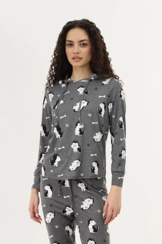 Printed Hooded Pajama Top - Grey made by Fairweather