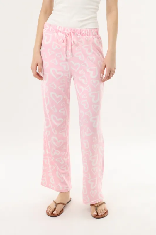 Heart Print Long Pajama Pants - Pink made by Fairweather