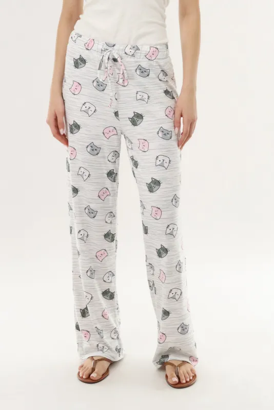 Cat Print Long Pajama Pants - Grey made by Fairweather