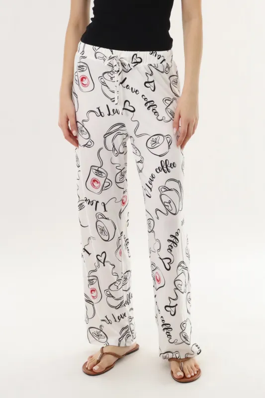 Coffee Print Long Pajama Pants - White made by Fairweather