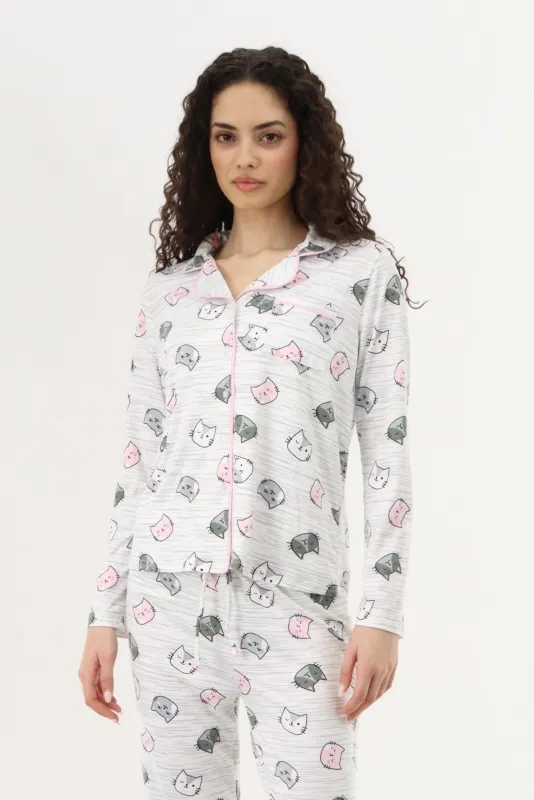 Canada Weather Gear Cat Print Button Up Pajama Top - Grey made by Fairweather