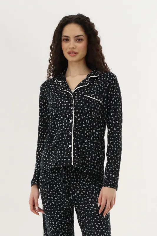 Canada Weather Gear Heart Print Button Up Pajama Top - Black made by Fairweather