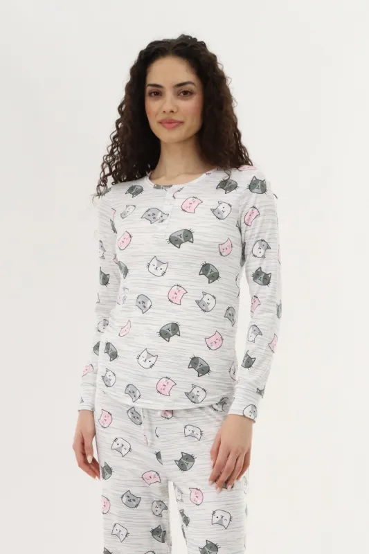 Canada Weather Gear Long Sleeve Cat Print Pajama Top - Grey sold by Fairweather