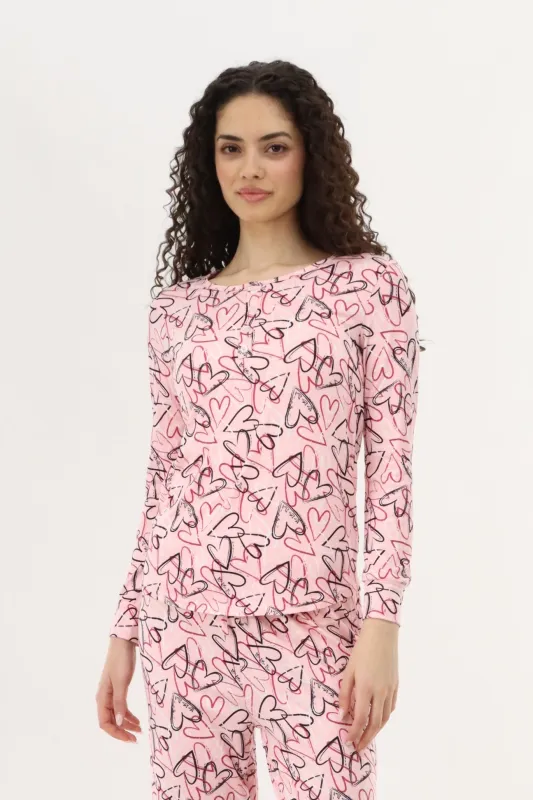 Canada Weather Gear Long Sleeve Heart Print Pajama Top - Magenta sold by Fairweather