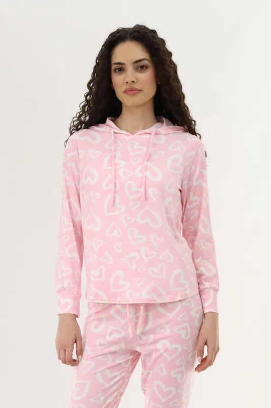 Printed Hooded Pajama Top - Pink made by Fairweather
