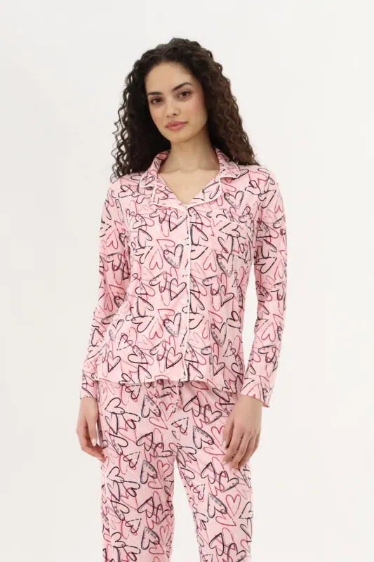 Canada Weather Gear Heart Print Button Up Pajama Top - Magenta made by Fairweather