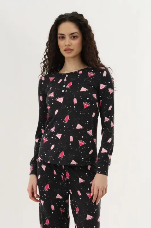 Canada Weather Gear Long Sleeve Drinks Print Pajama Top - Black sold by Fairweather