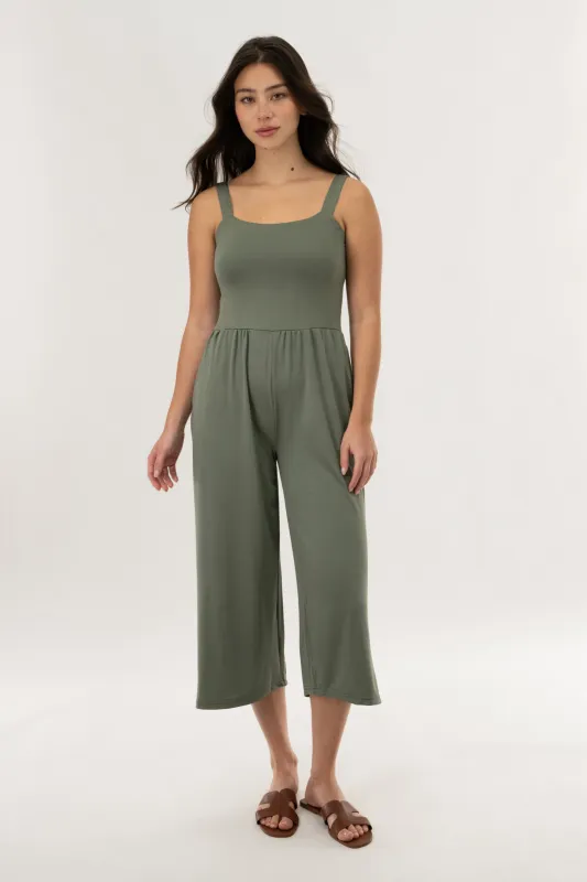 Wide Leg Cropped Jumpsuit - Olive made by Costa Blanca