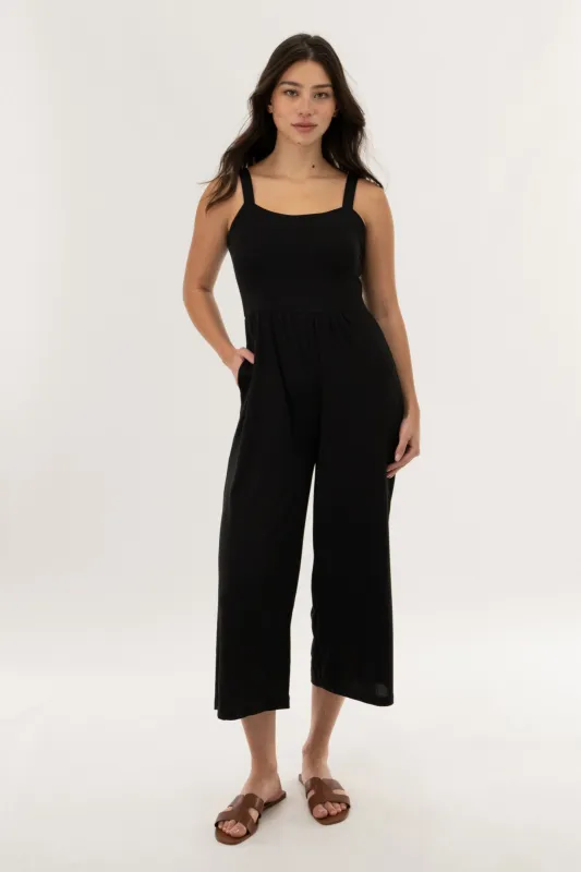 Wide Leg Cropped Jumpsuit - Black made by Costa Blanca