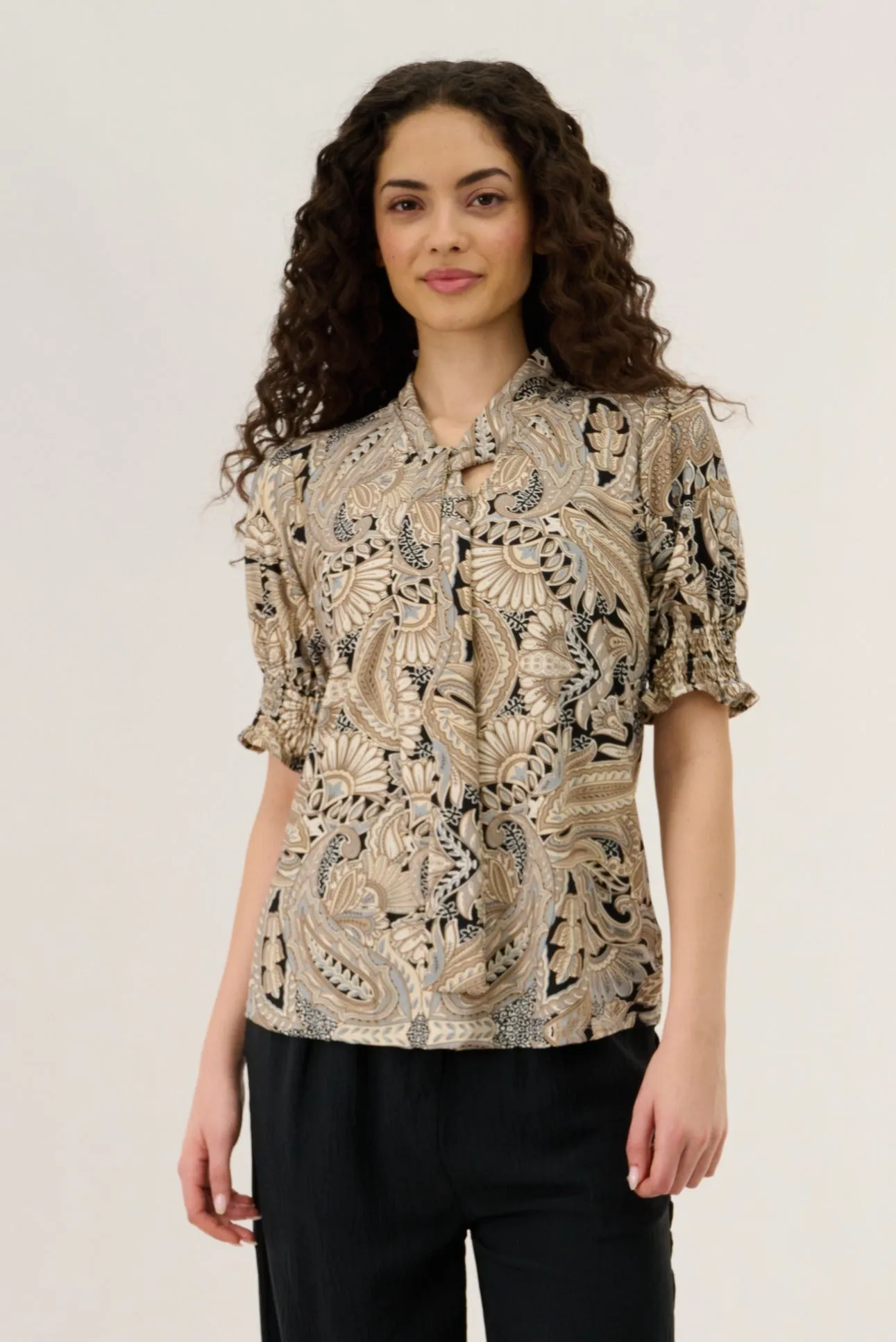 Smocked Sleeve Blouse - Taupe sold by Fairweather