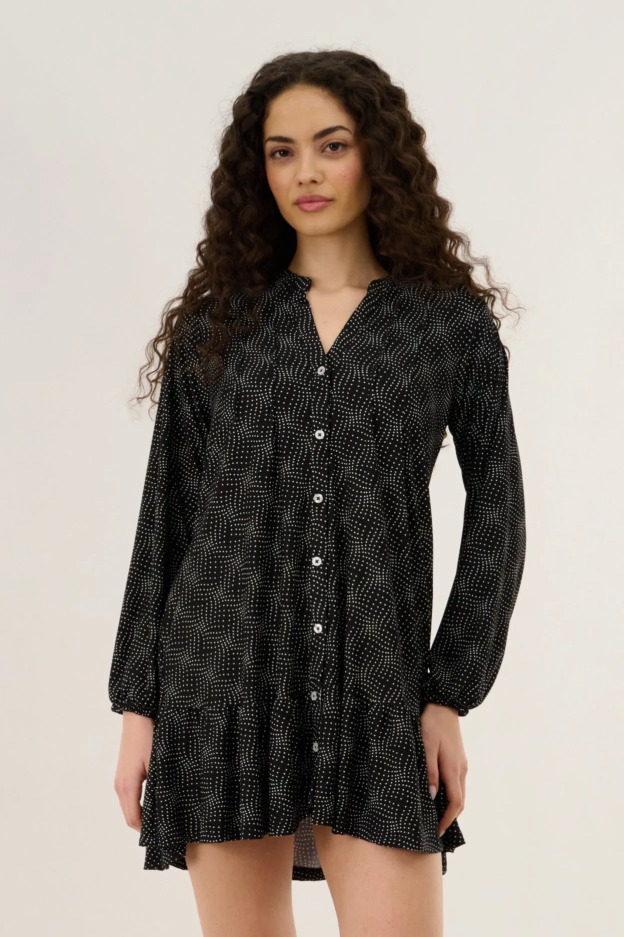 V Neck Pleated Button Dress - Black sold by Fairweather