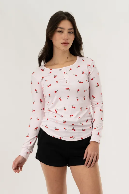 Long Sleeve Cherry Print Pajama Top - Pink made by Fairweather