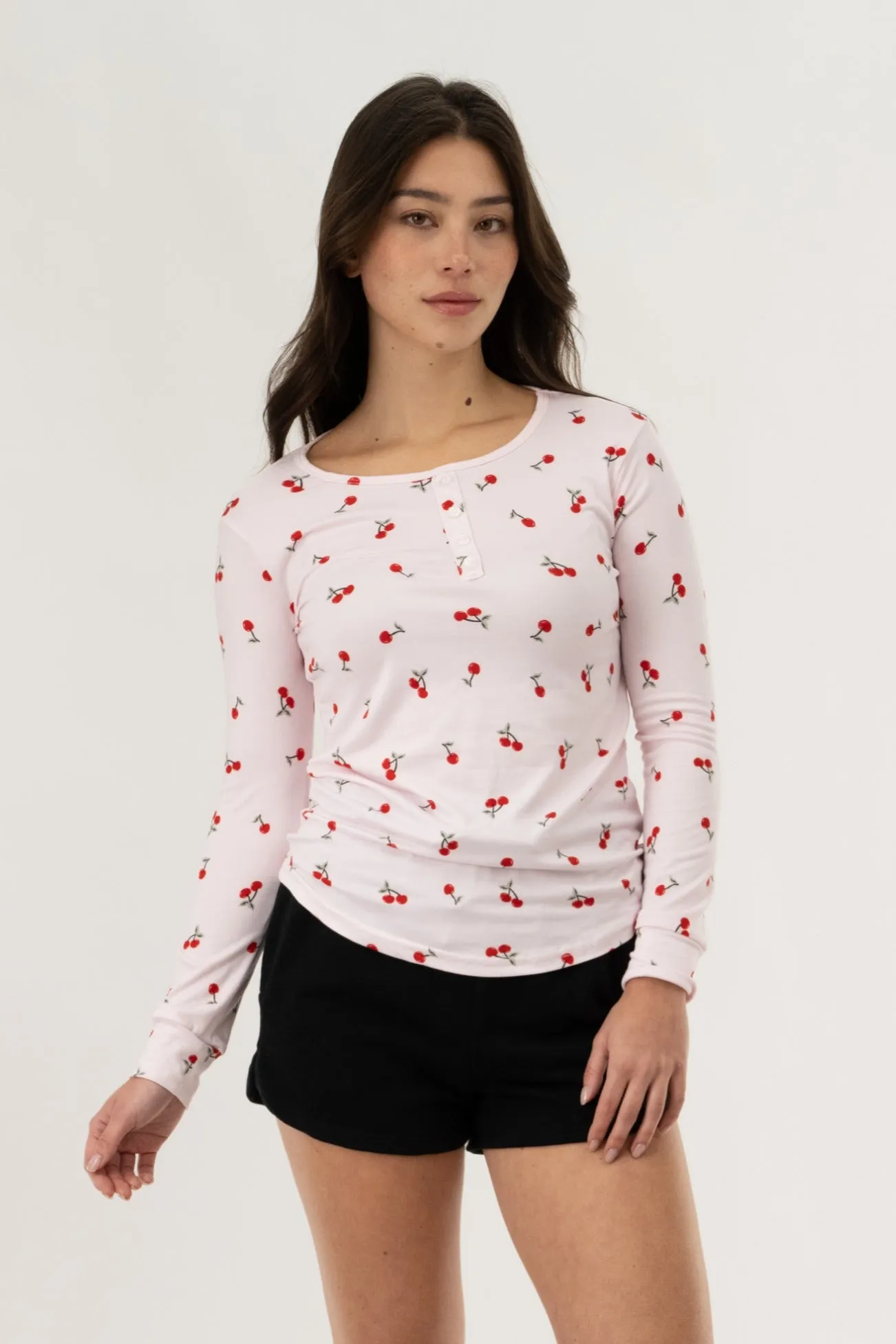 Long Sleeve Cherry Print Pajama Top - Pink sold by Fairweather