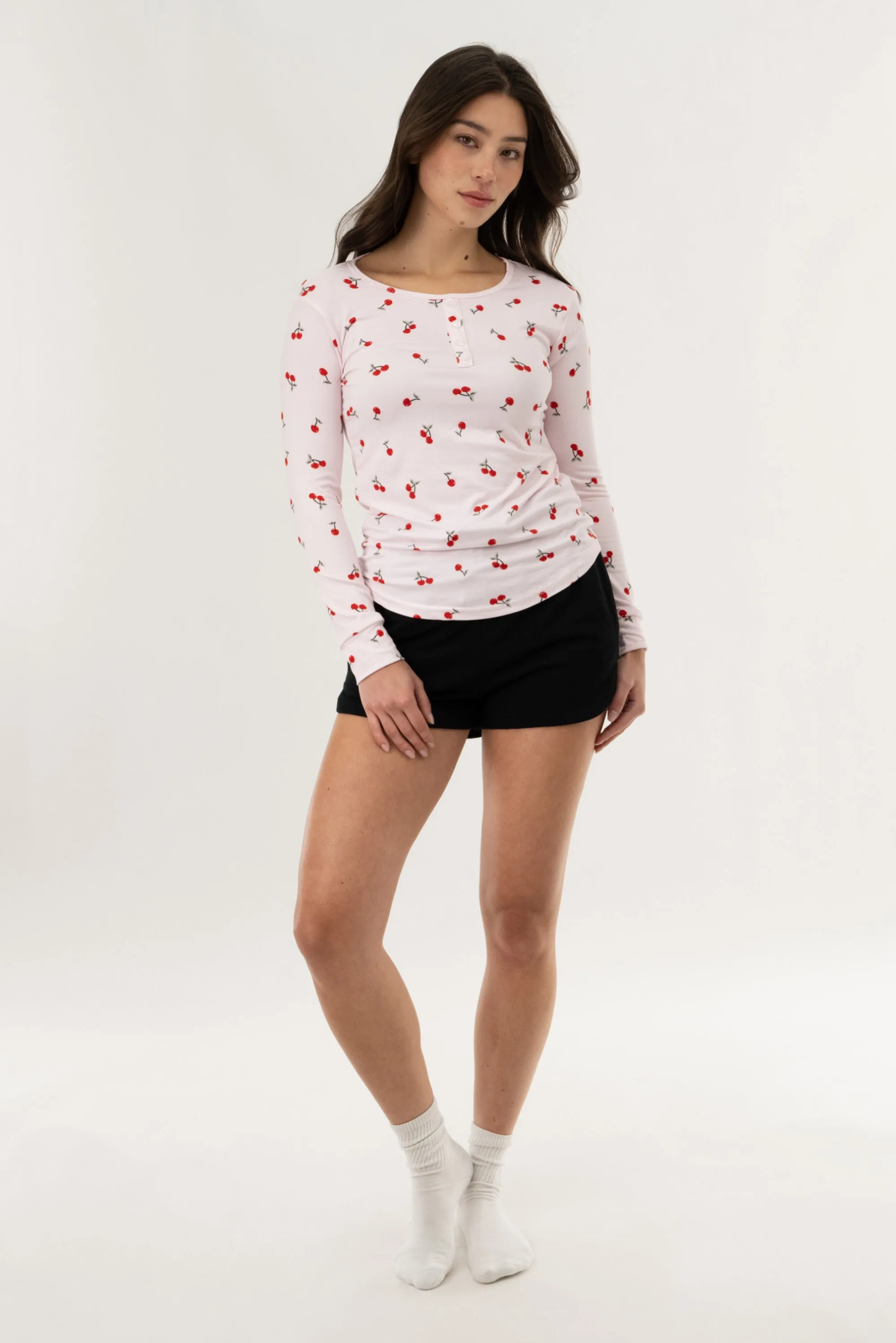 Long Sleeve Cherry Print Pajama Top - Pink sold by Fairweather product image thumbnail 5