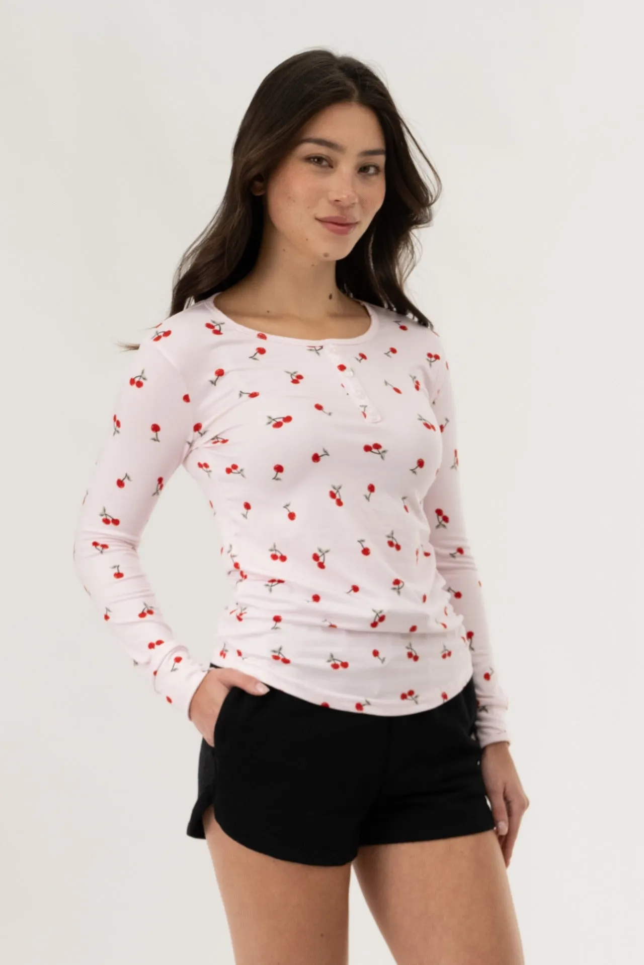 Long Sleeve Cherry Print Pajama Top - Pink sold by Fairweather product image thumbnail 2
