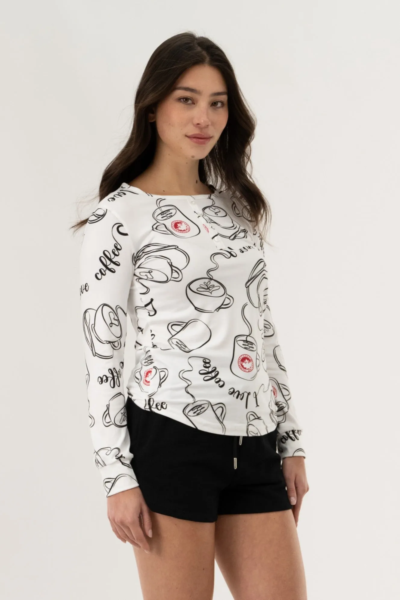 Long Sleeve Coffee Print Pajama Top - White sold by Fairweather product image thumbnail 2