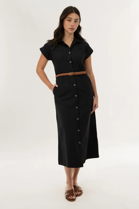 Belted Button Up Midi Dress - Black made by Fairweather