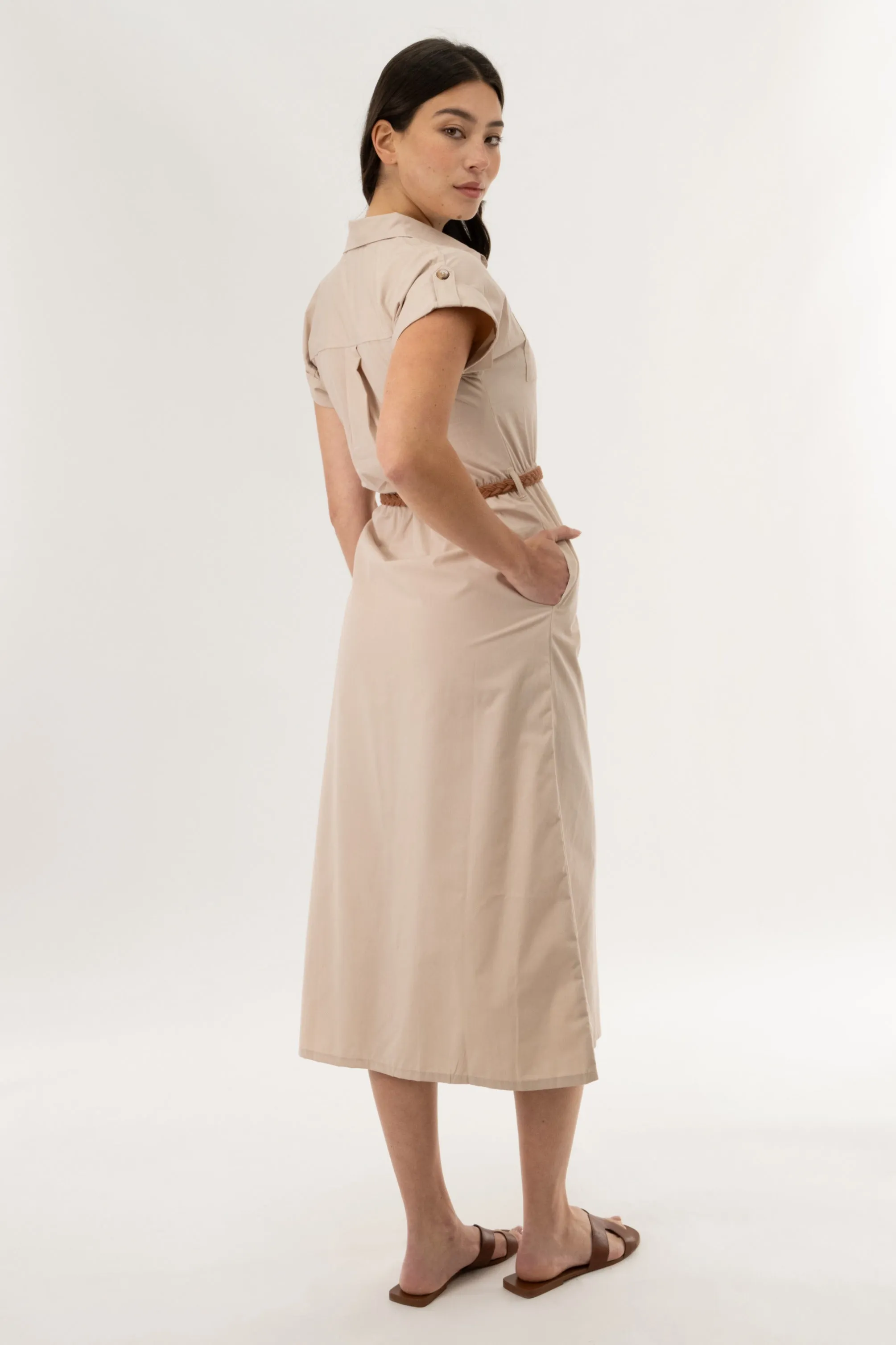Belted Button Up Midi Dress - Taupe sold by Fairweather product image thumbnail 3