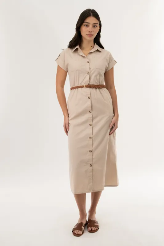 Belted Button Up Midi Dress - Taupe made by Fairweather