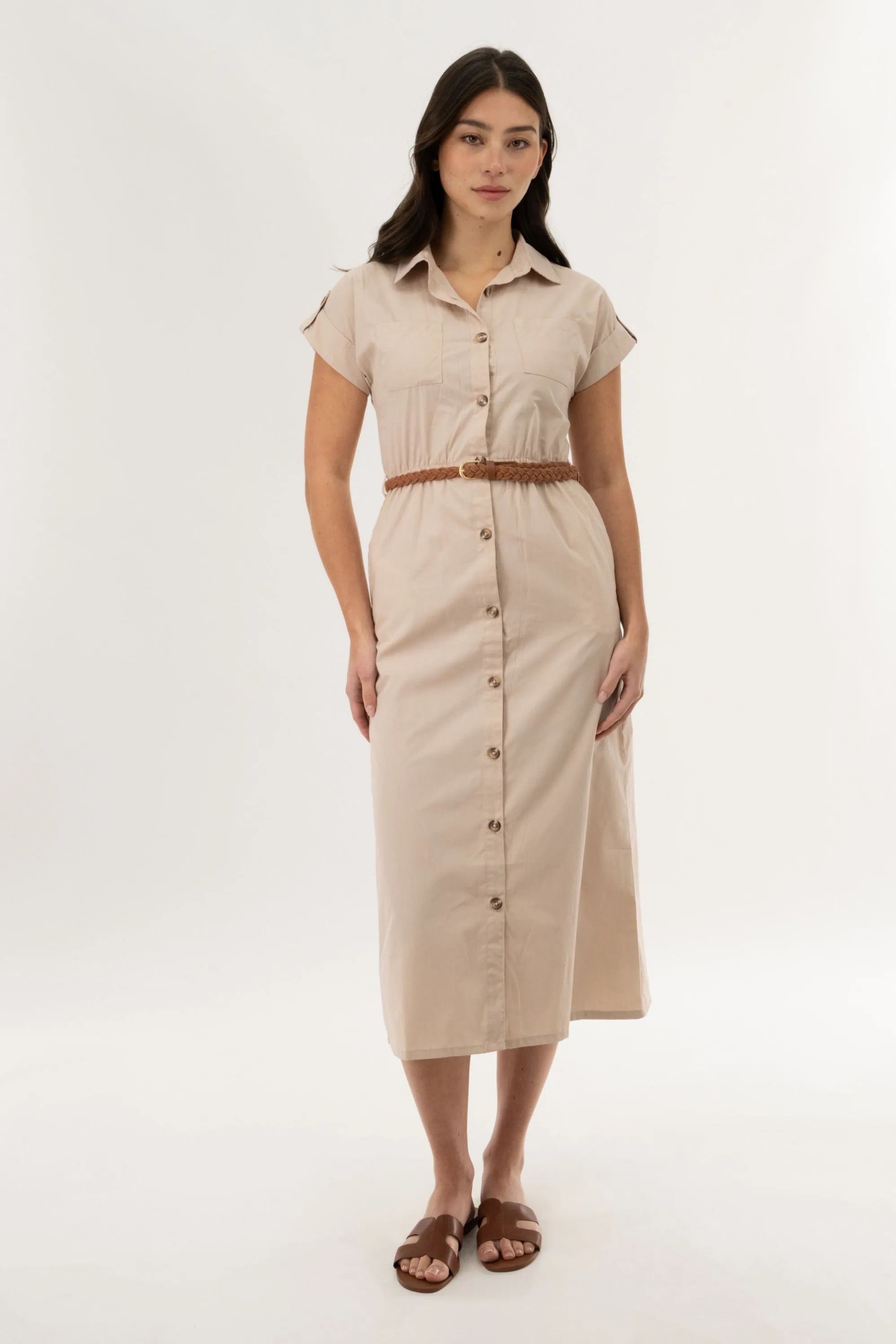 Belted Button Up Midi Dress - Taupe sold by Fairweather
