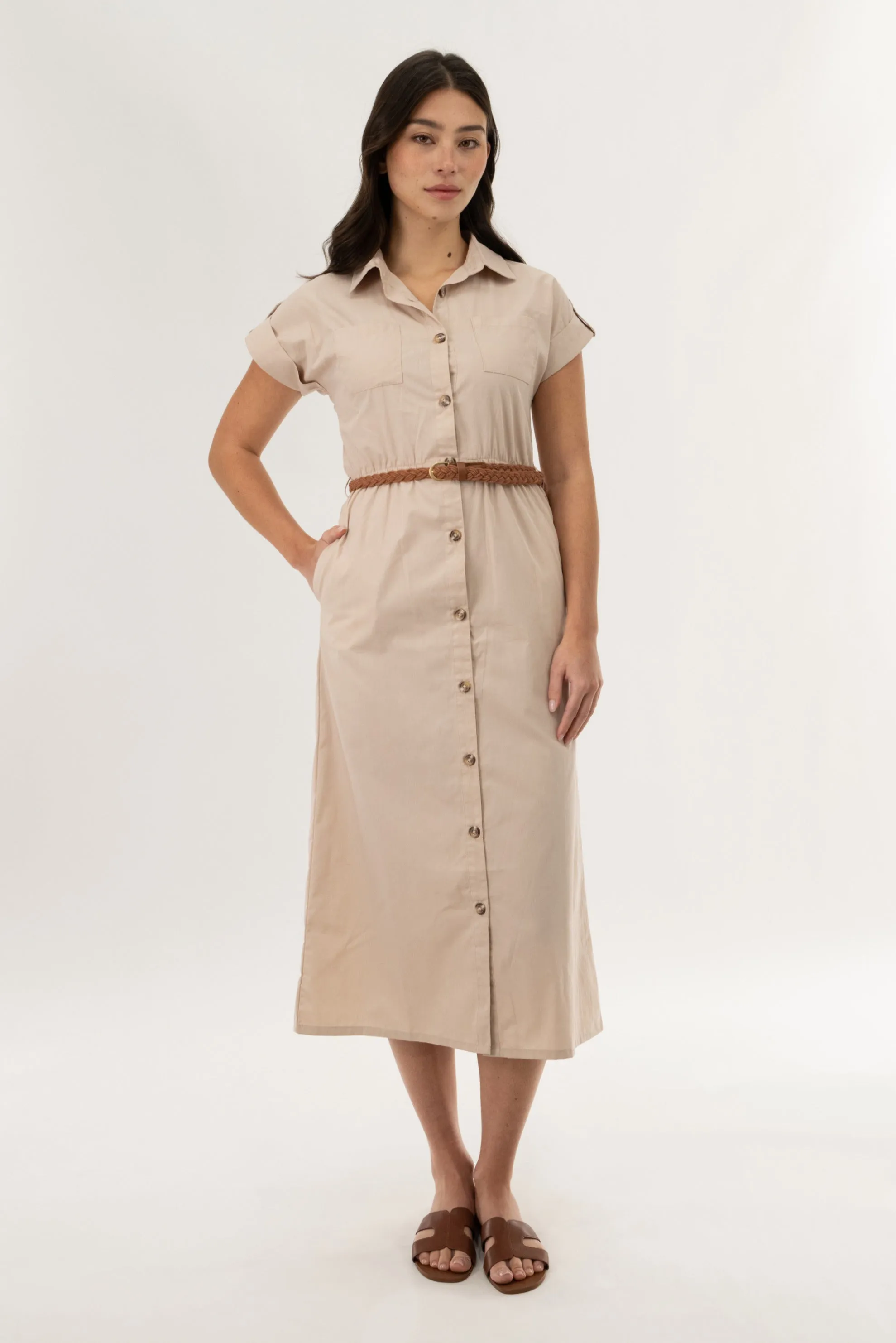 Belted Button Up Midi Dress - Taupe sold by Fairweather product image thumbnail 5