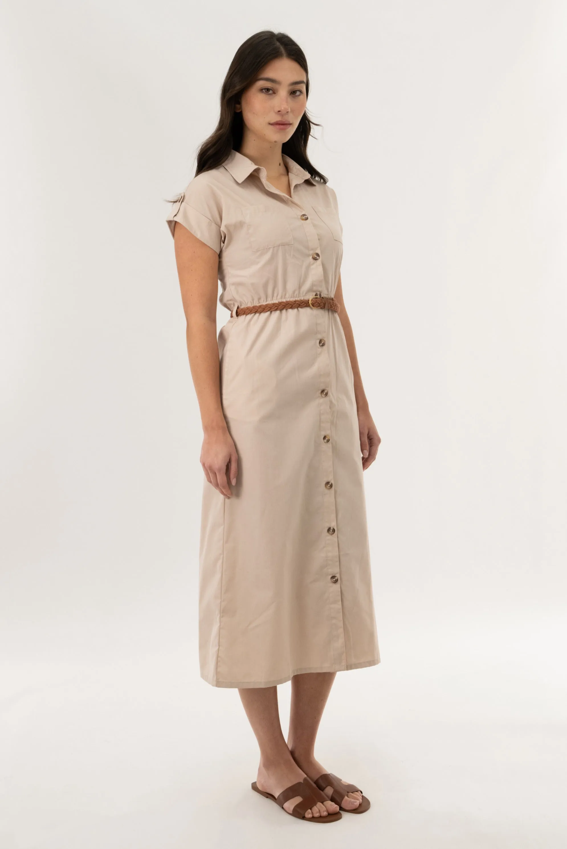 Belted Button Up Midi Dress - Taupe sold by Fairweather product image thumbnail 2