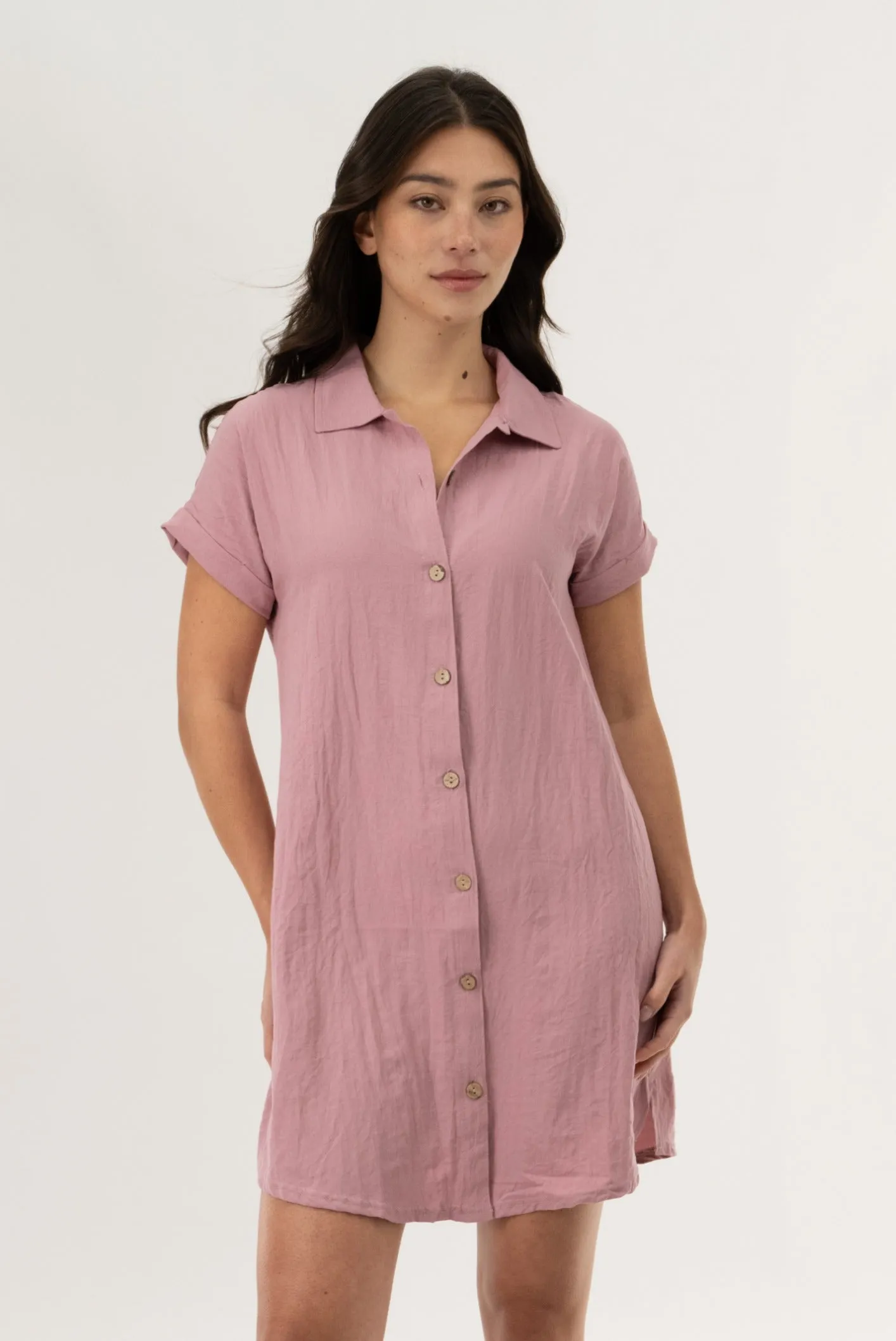 Button Up Short Sleeve Day Dress - Blush sold by Fairweather