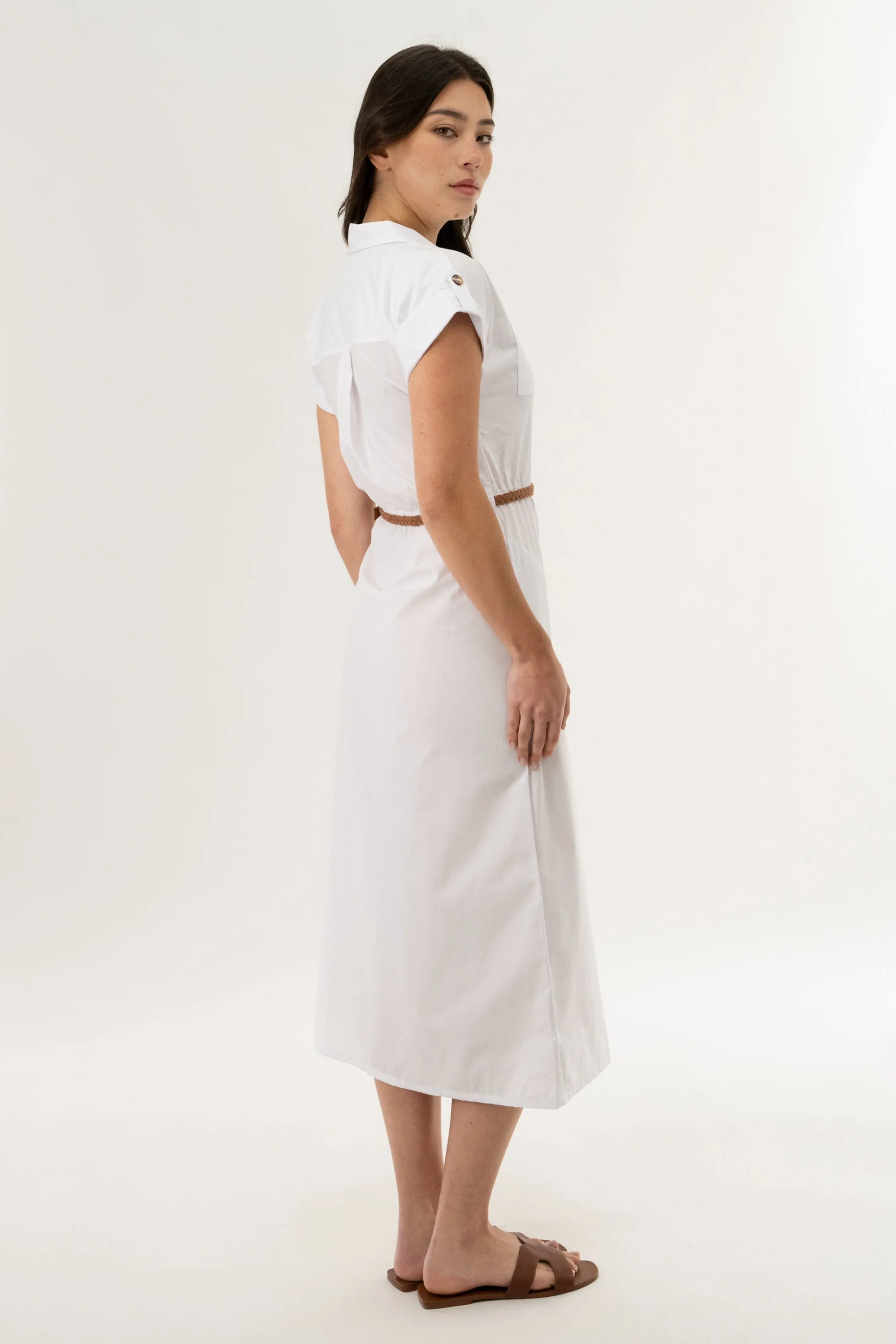 Belted Button Up Midi Dress - White sold by Fairweather product image thumbnail 3