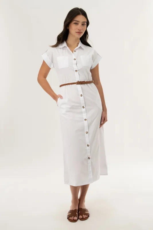Belted Button Up Midi Dress - White made by Fairweather